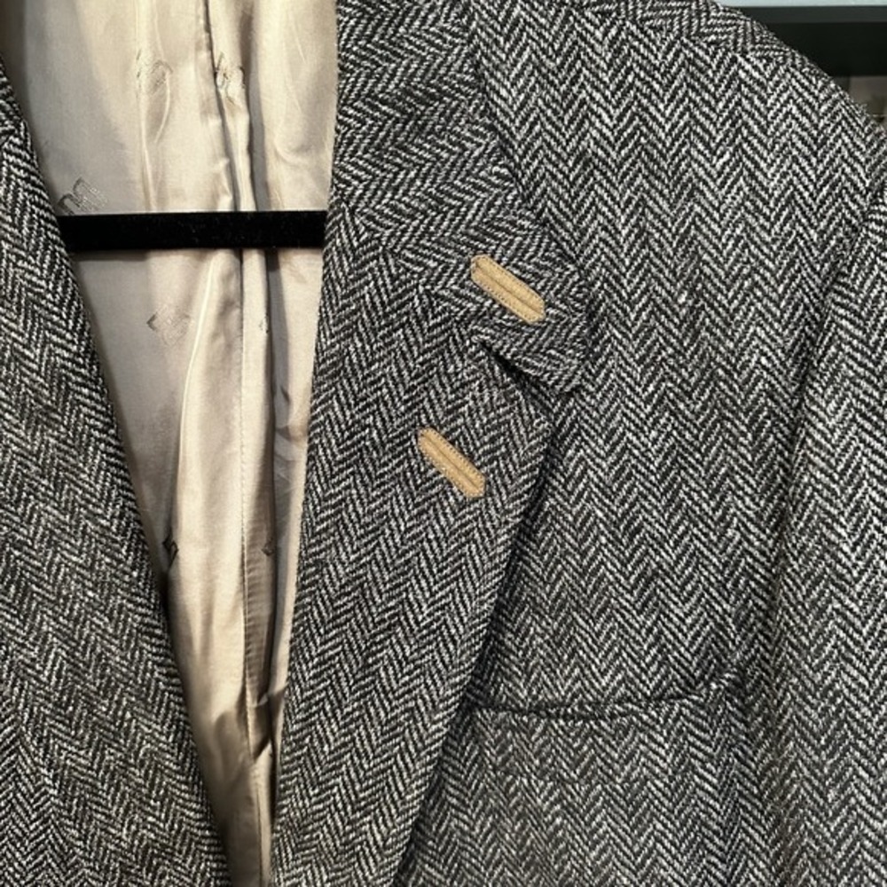 Daks Vtg Tweed‎ Jacket Mens Black 100% Wool Herringbone Blazer Leather Accents - Picture 5 of 14